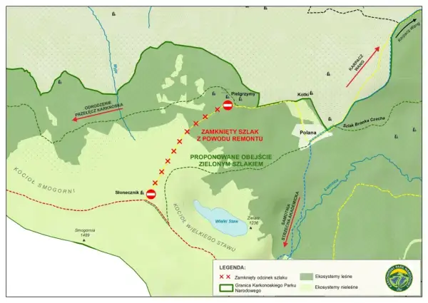 Mapa Karkonoszy: zamknięty szlak z powodu remontu, proponowane obejście zielonym szlakiem. Wskazówki dla turystów na szlaki długodystansowe w Polsce.