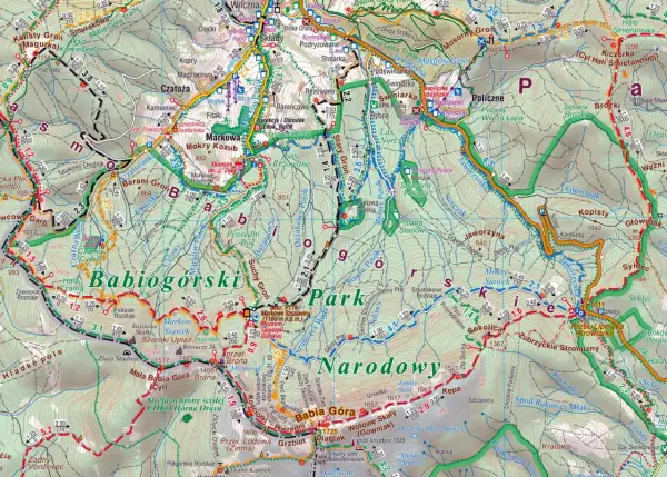 Mapa turystyczna Beskidu Żywieckiego z zaznaczonymi szlakami, w tym szlakiem na Babią Górę.