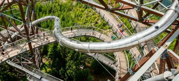 Drewniana ścieżka i metalowa zjeżdżalnia na Sky Walk Dolni Morava wśród zielonych drzew.