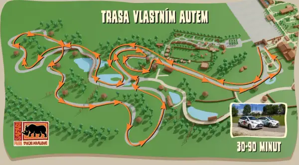 Mapa trasy własnym autem przez Safari Park Dvůr Králové. Pomarańczowe strzałki wskazują drogę przez tereny z drzewami, wodami i budynkami. Czas przejazdu: 30-90 minut.