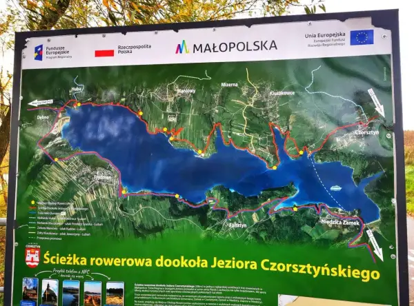 Mapa ścieżki rowerowej wokół Jeziora Czorsztyńskiego. Trasa Velo Dunajec ma ok. 30 km.
