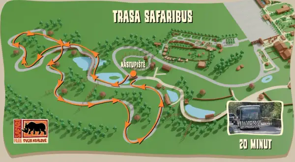 Mapa trasy safari bus w czeskim zoo. Pomarańczowe strzałki pokazują drogę przez park, z zaznaczonym punktem wejścia.