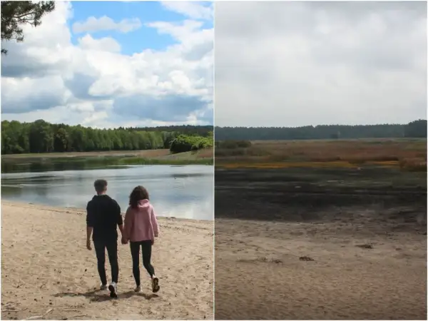 Para spaceruje po piaszczystej plaży nad jeziorem, w tle las. Po prawej stronie rozległe mokradła, tworzące dziki zwierzyniec. Trasa widokowa.